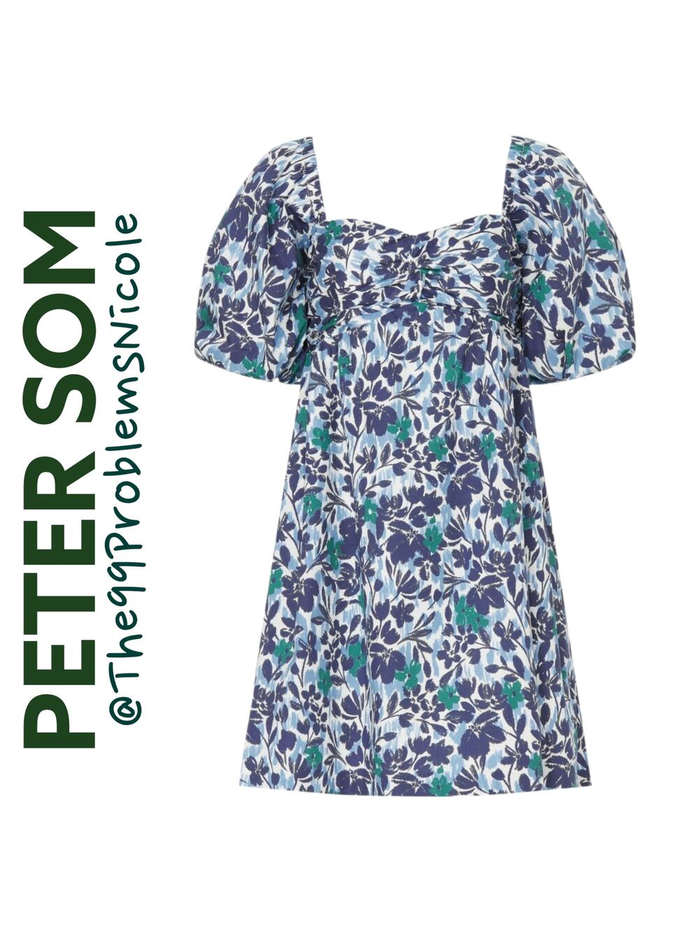 Peter Som Blue Floral Puff Shoulder Dress